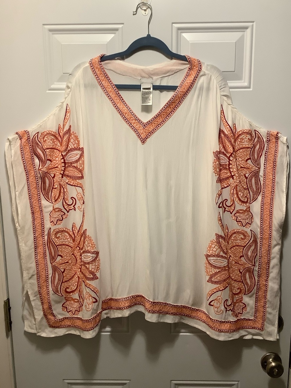 Chico’s| Kaftan Tunic V-neck Top Embroidered Floral Coverup Boho L/XL Drapey